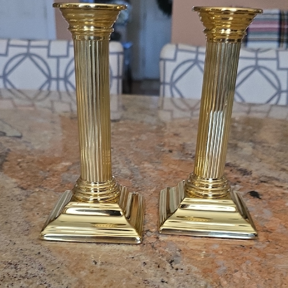 baldwin Polished Gold Fluted Column Candlestick Pair